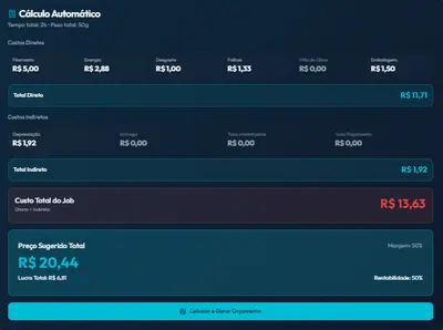 Tela de cálculo de custos de impressão 3D mostrando filamento, energia, depreciação e mão de obra