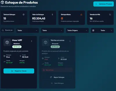 Gestão de estoque de peças impressas em 3D com quantidades, preços e status de disponibilidade