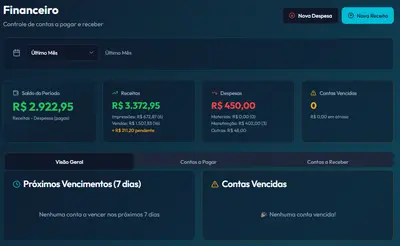 Módulo financeiro do Calc3D Pro com contas a pagar, receber e controle de despesas