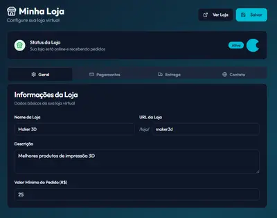 Loja virtual integrada para venda de peças impressas em 3D com catálogo de produtos